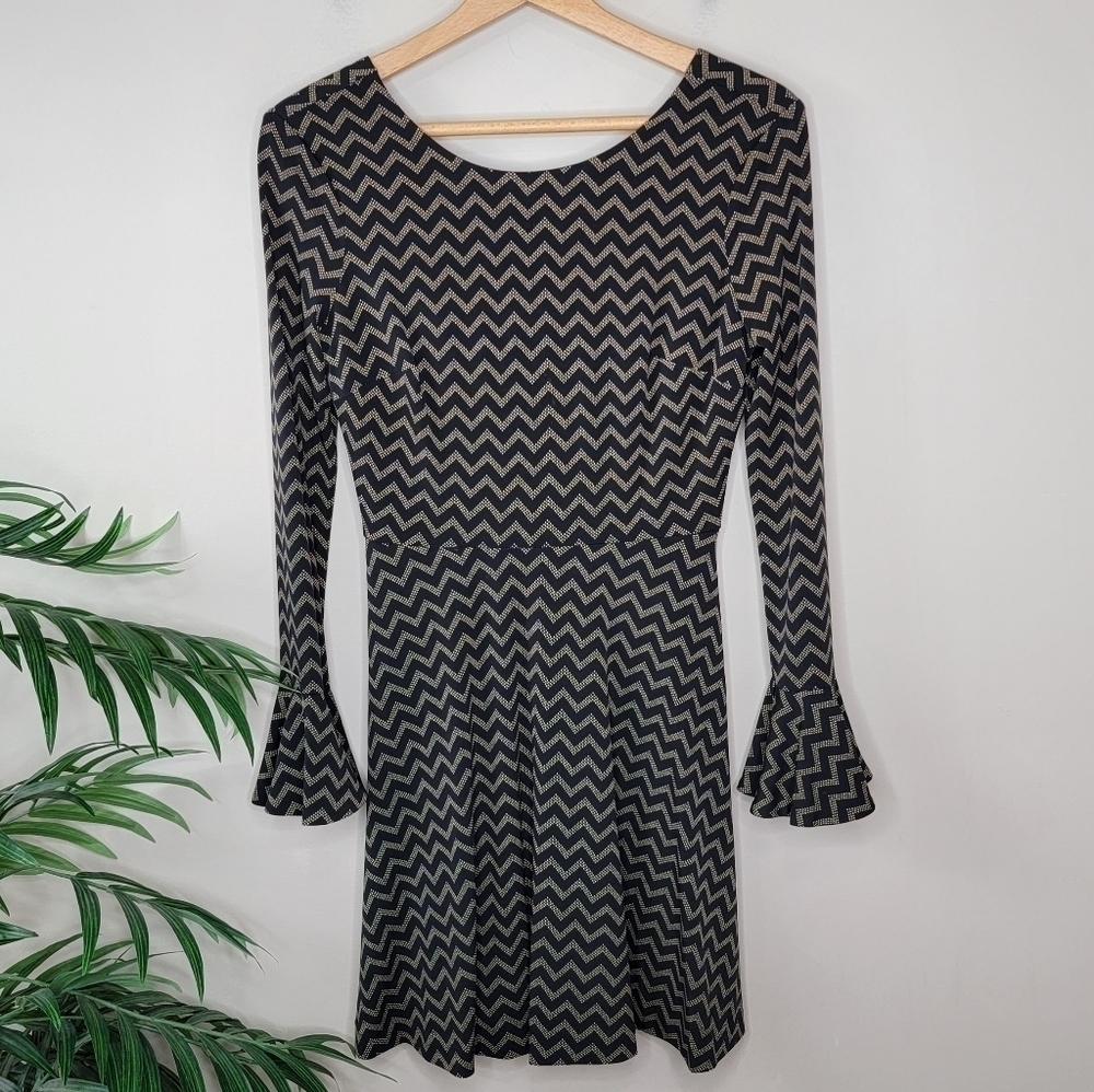 Cece Zig Zag Long Sleeve Dress Black Mustard White Size XS
